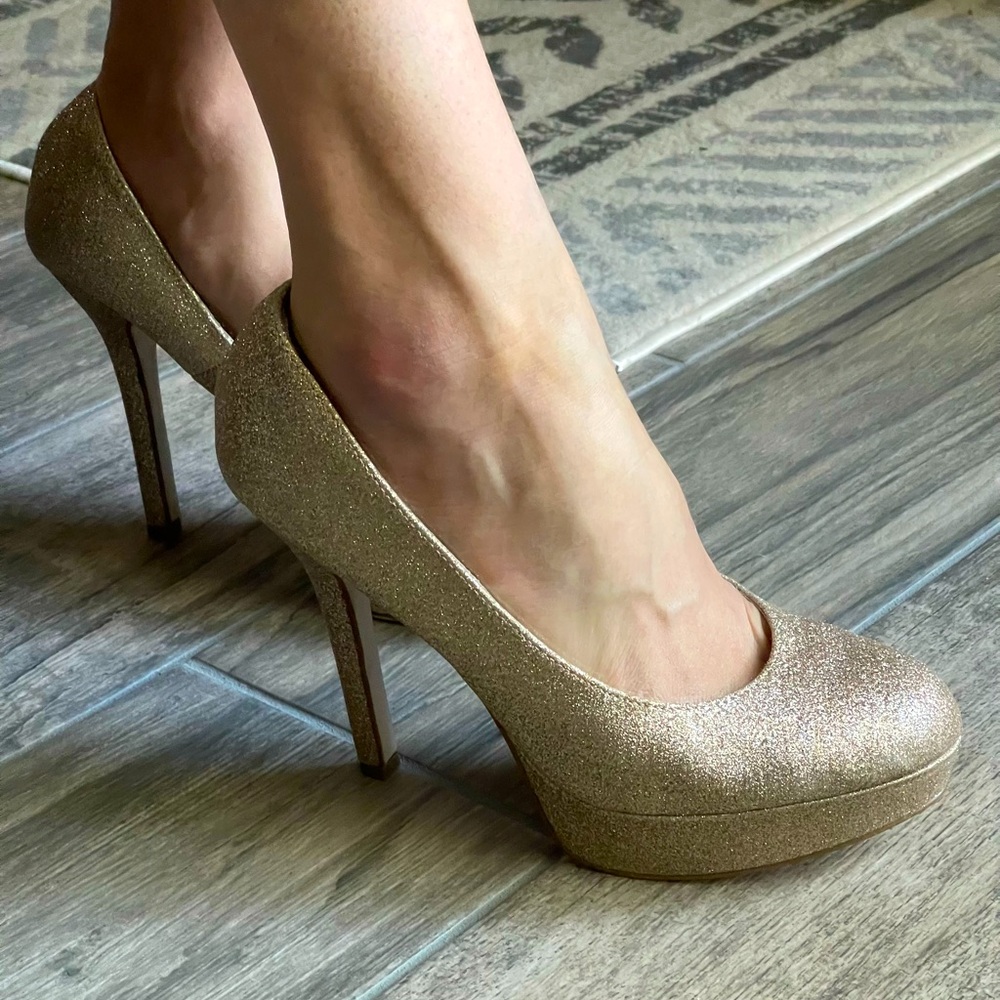 Brash Kosmic Gold Glitter Platform Pumps, 12